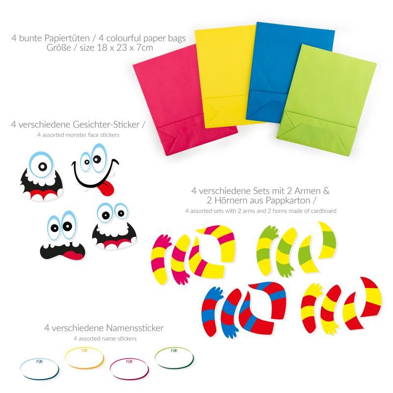Trendhaus Little Monster Monsterstarke Papiertüten zum Basteln für Kindergeburtstage und Party's 4-er Set