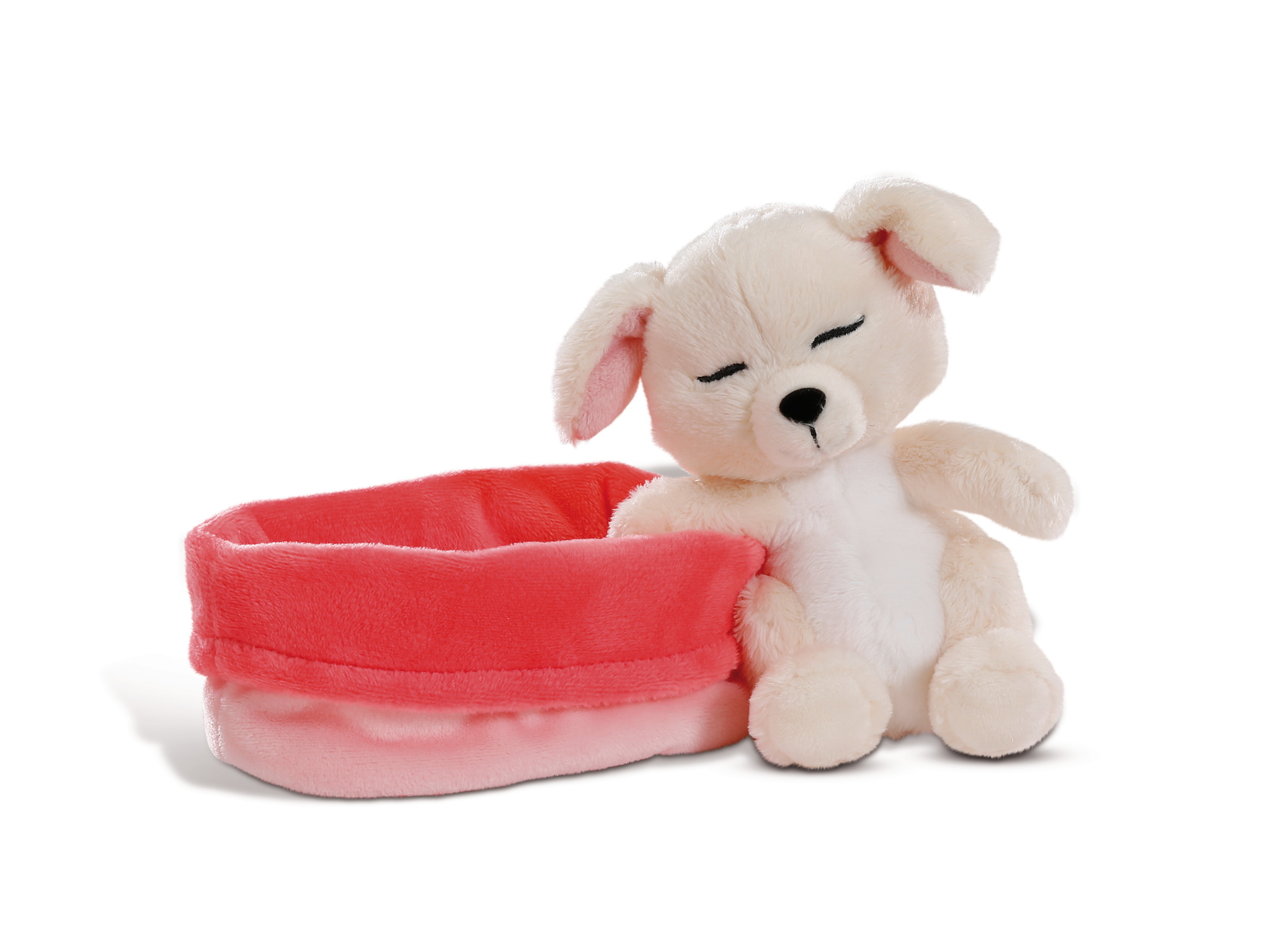 Nici Kuscheltier Hunde Welpen creme 12cm schlafend im Körbchen rot-rosa